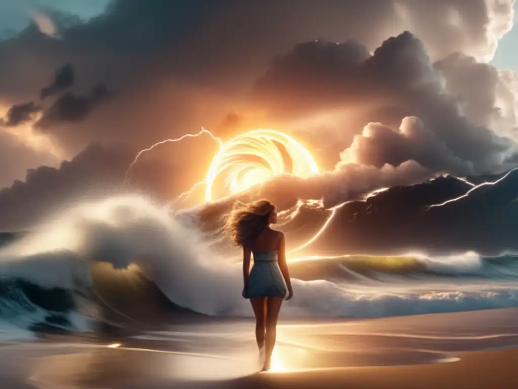 A breathtaking cinematic shot of a powerful hurricane, with sunlight illuminating the waves crashing against the shore