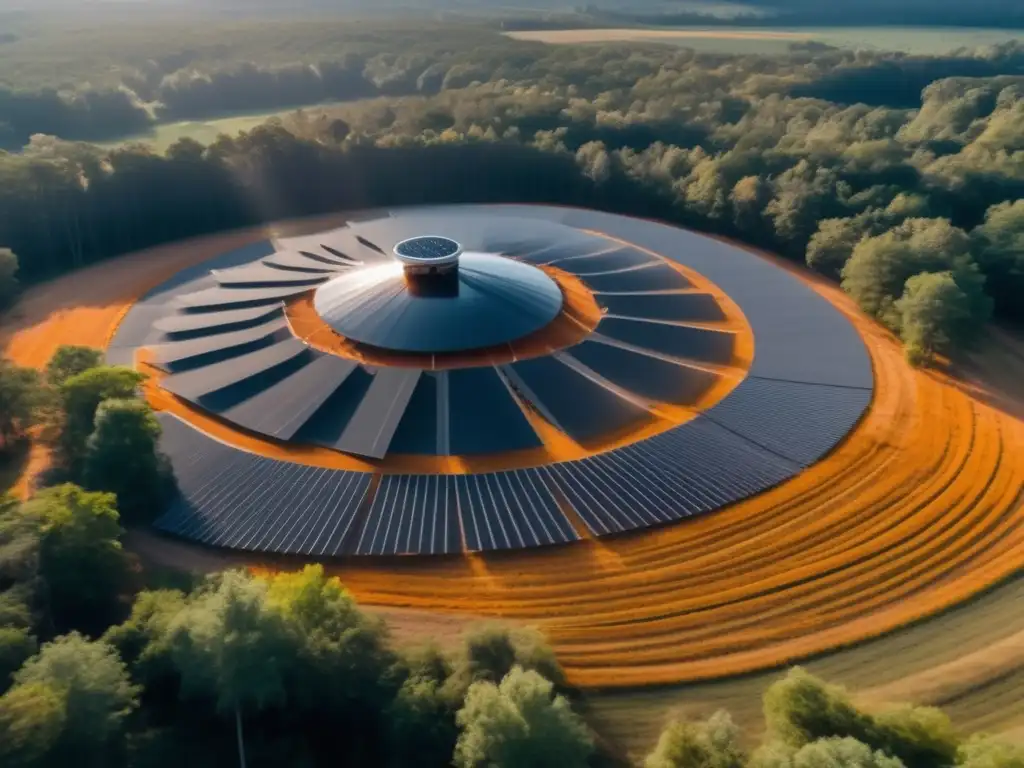 A serene aerial view of a distance field with solar-powered fans spinning, juxtaposed against the calming woods in the background