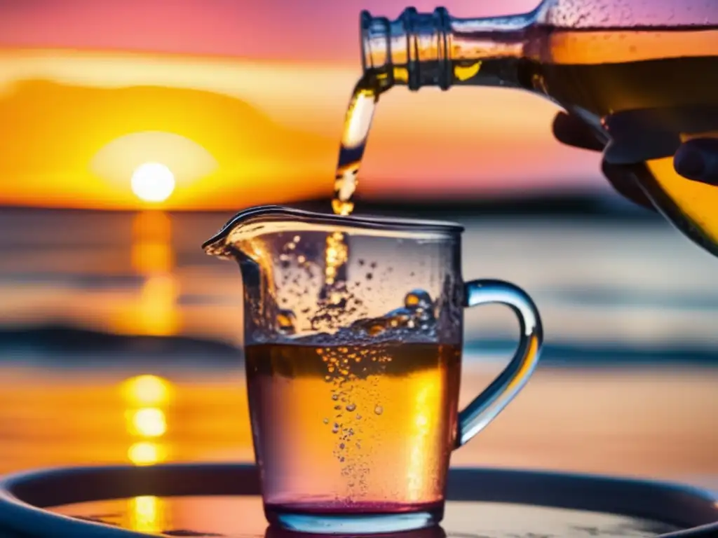 A person pours water into a glass pitcher as the sun sets during a hurricane, illuminating the sky with shades of orange and pink