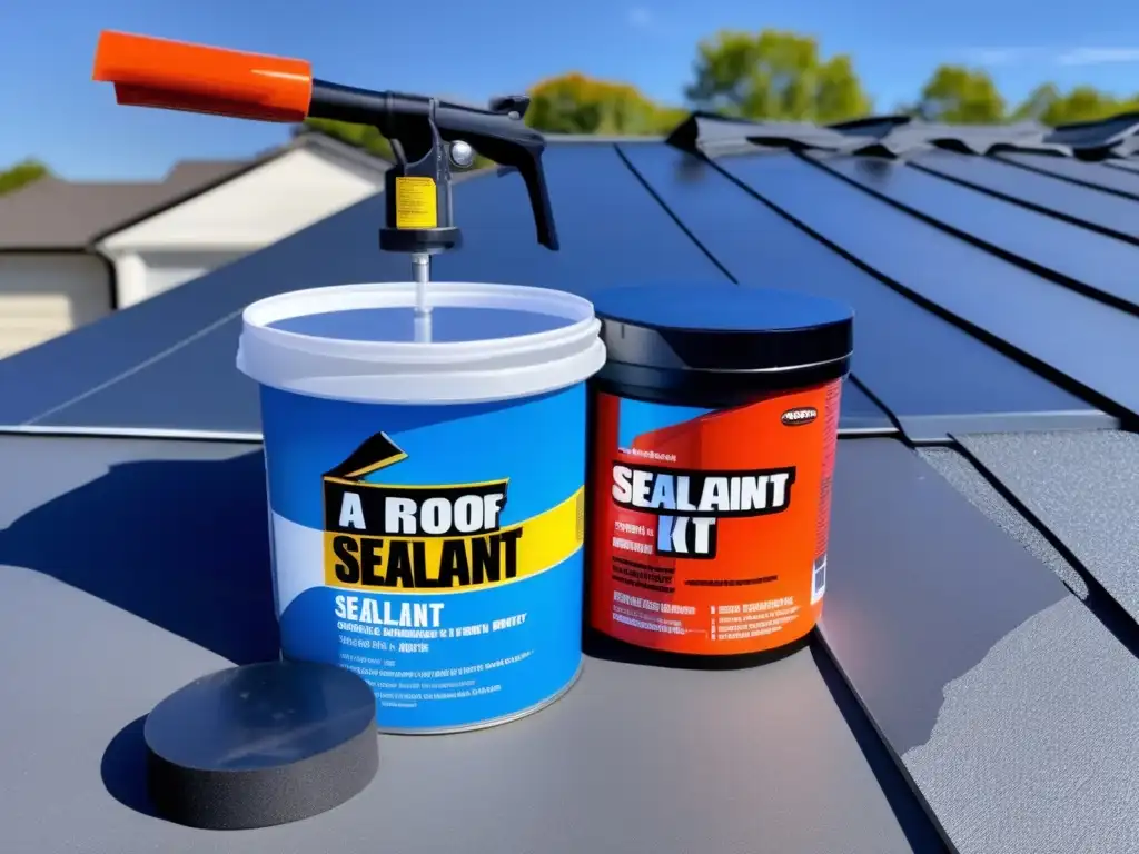 A stunning image of a roof sealant and patch kit on a sunny day with a clear blue sky in the background