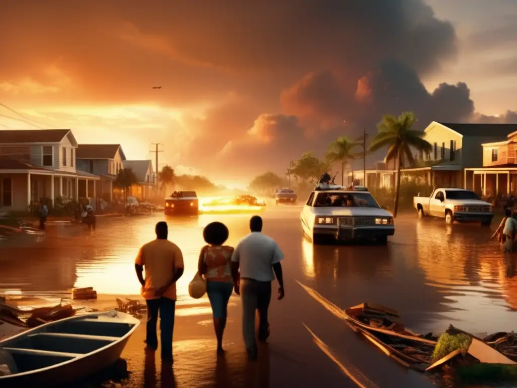 Hurricane Katrina aftermath: Evacuation boats navigate through flooded streets and debris as dawn breaks, revealing the devastation caused by the storm