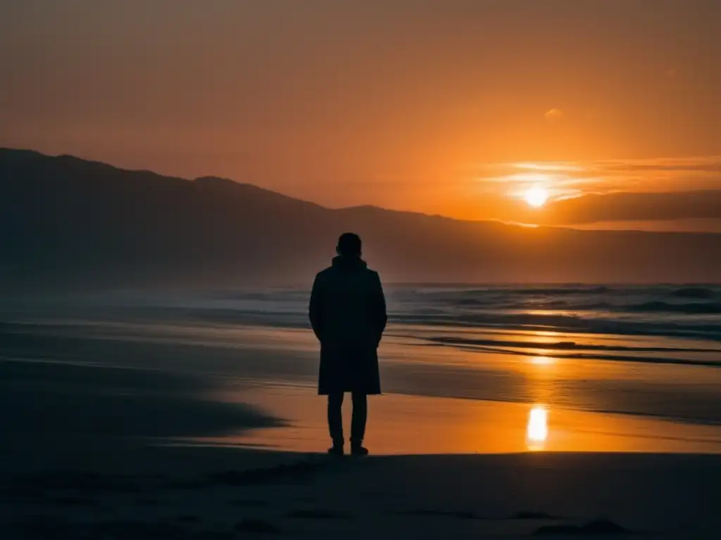 A lonesome figure stands on a desolate beach at sunrise, the distant sound of waves crashing against the shore