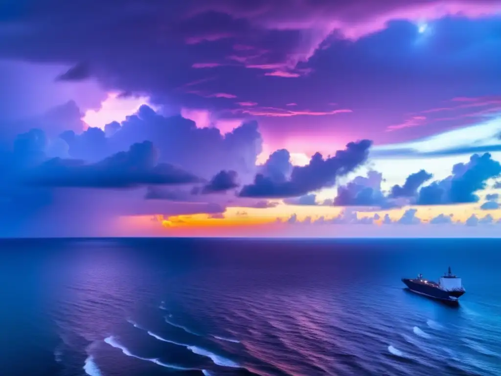 The aerial shot of the Gulf of Mexico at sunrise is a stunning masterpiece, showcasing the intense blue waves and large ships anchored in the distance