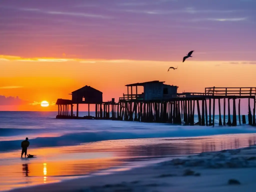 A bright and colorful sunrise spreads over the horizon, casting warm and peaceful light on a destroyed coastal town hit by a hurricane