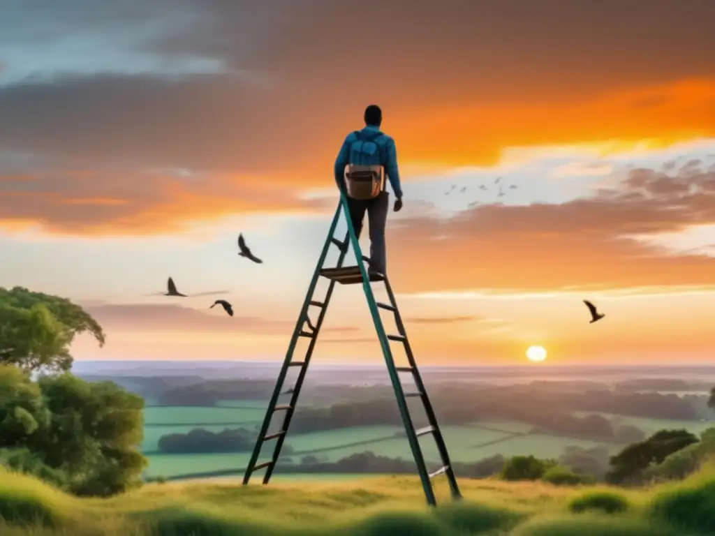 Confident man atop emerald green field, standing atop a tall, sturdy foldable ladder, gazing at the majestic sunrise