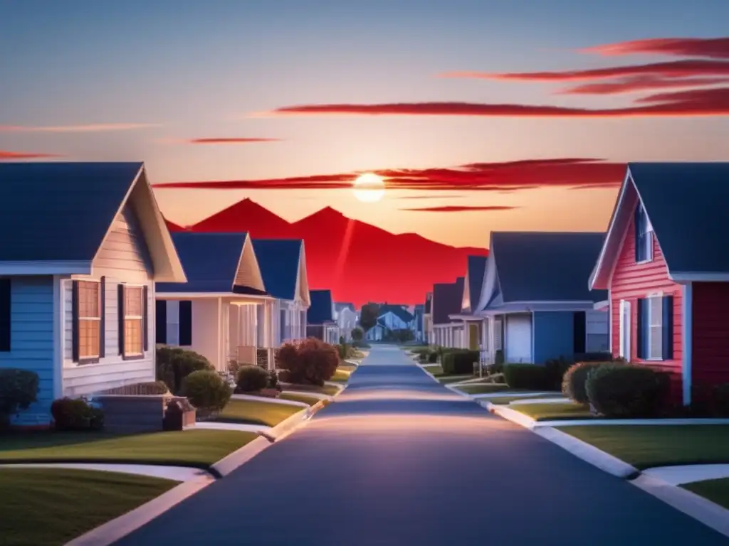 A peaceful neighborhood awakens amidst a clear blue sky and a rising sun, its well-maintained homes standing strong against the horizon