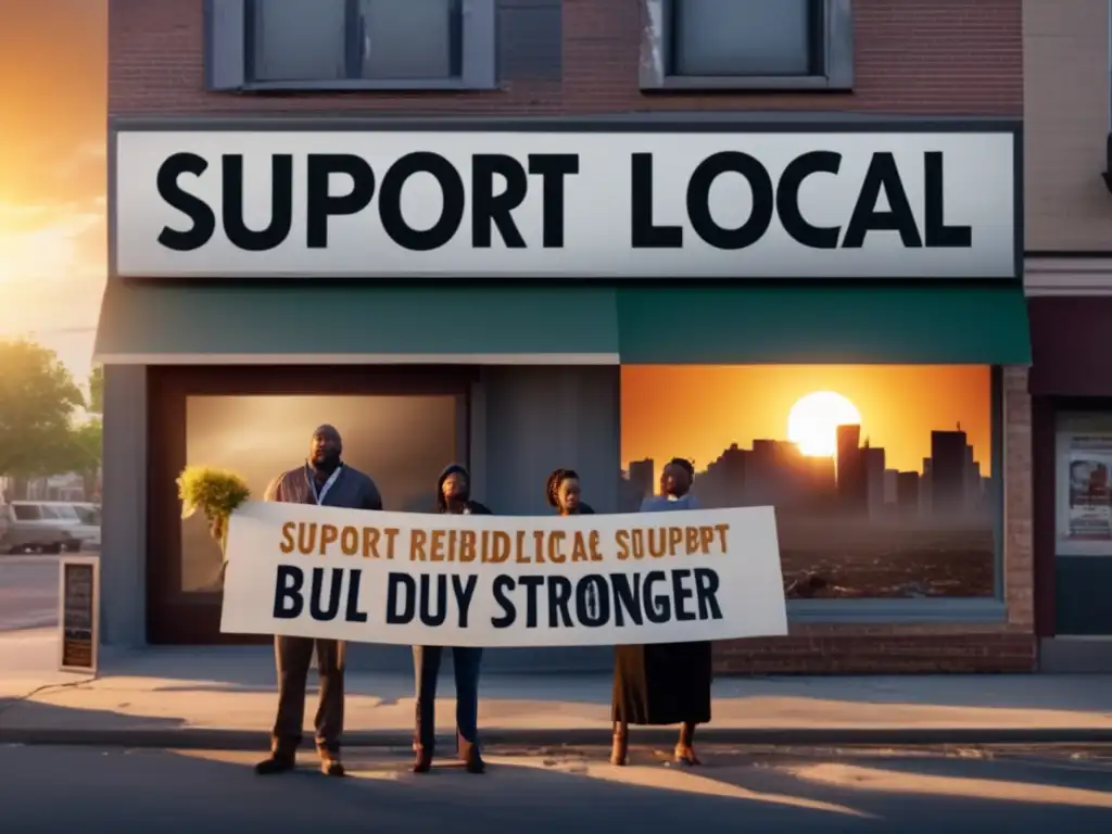 A hopeful sun rises over a ravaged cityscape in this cinematic image, with local business owners standing strong outside an empty storefront