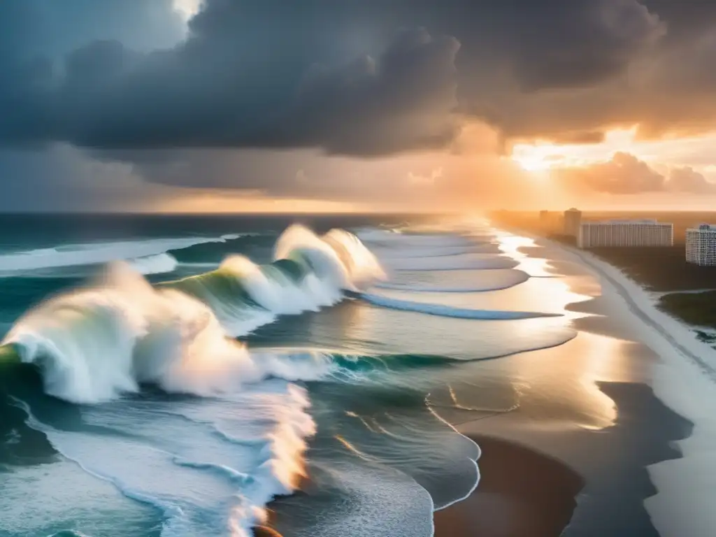 At - Florida's aerial sunrise, waves crash against vibrant shoreline, sun provides a juxtaposition amidst brewing storm clouds