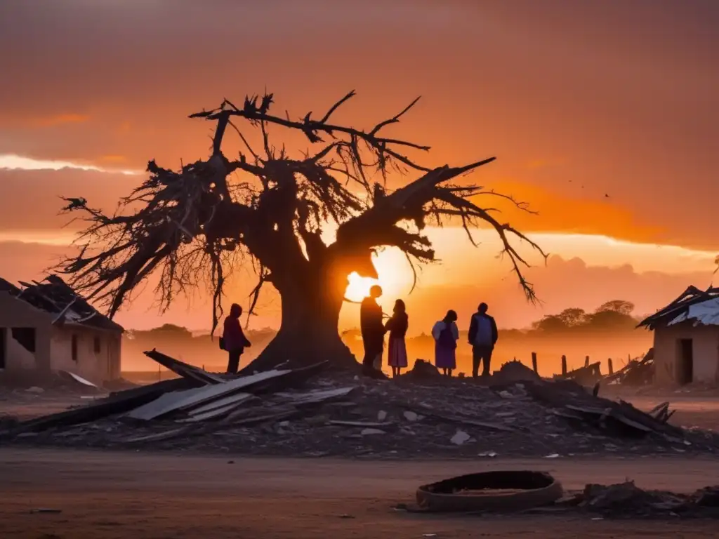 In the aftermath of the hurricane, the sun rises over a shattered village