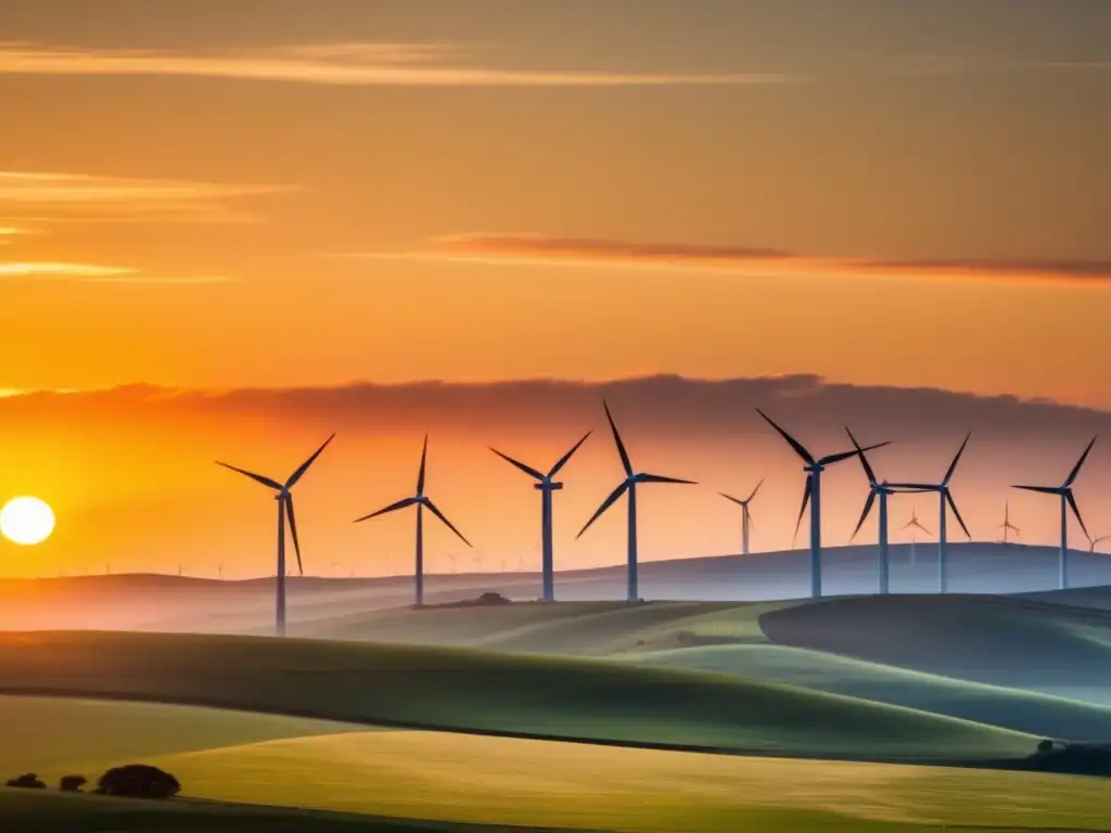 A breathtaking wind farm at dawn, golden sun illuminating silhouetted wind turbines against rolling hills and open farmland