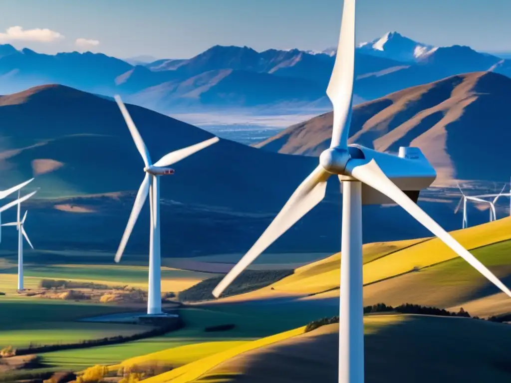 An 8k ultradetailed image of a wind turbine surrounded by a mountain range during sunrise