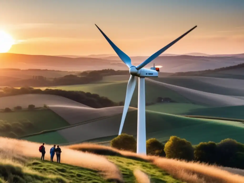 A majestic wind turbine spins gracefully in the open sky, casting shadows on rolling hills covered in natural beauty