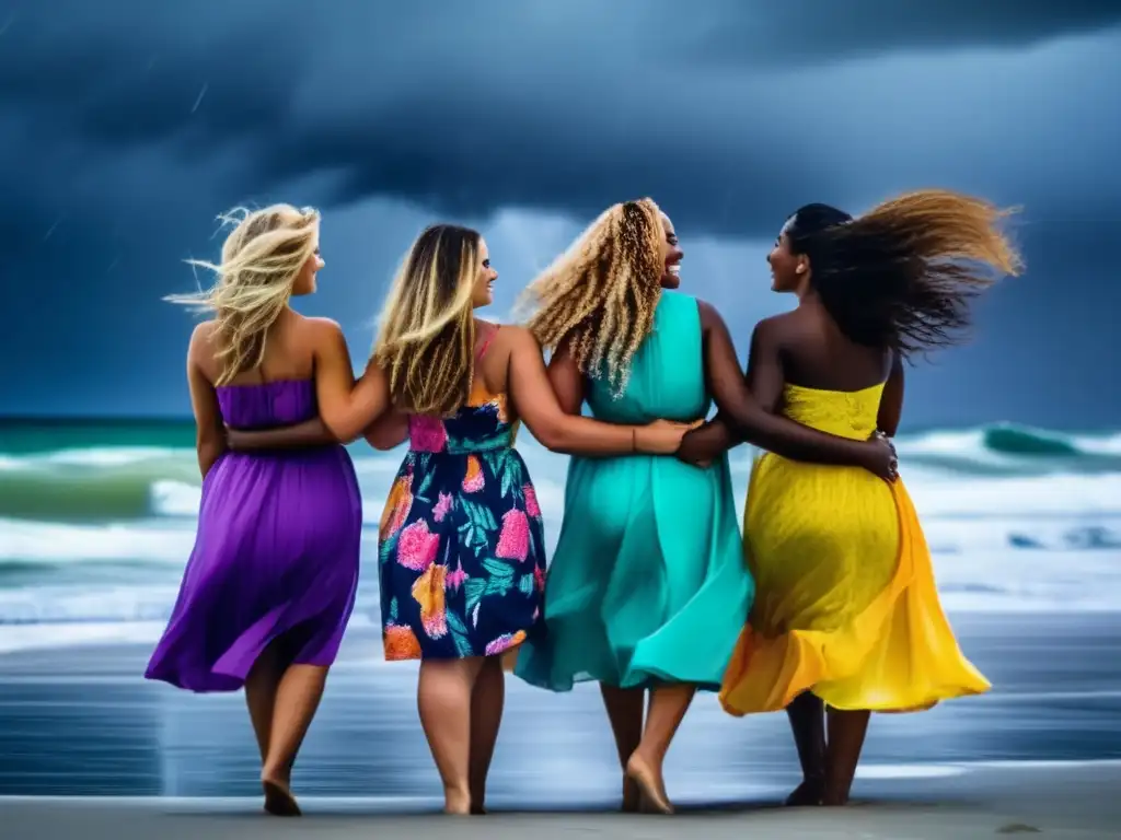 Five sisters stand together on the beach, arms around each other, as a hurricane approaches in the background