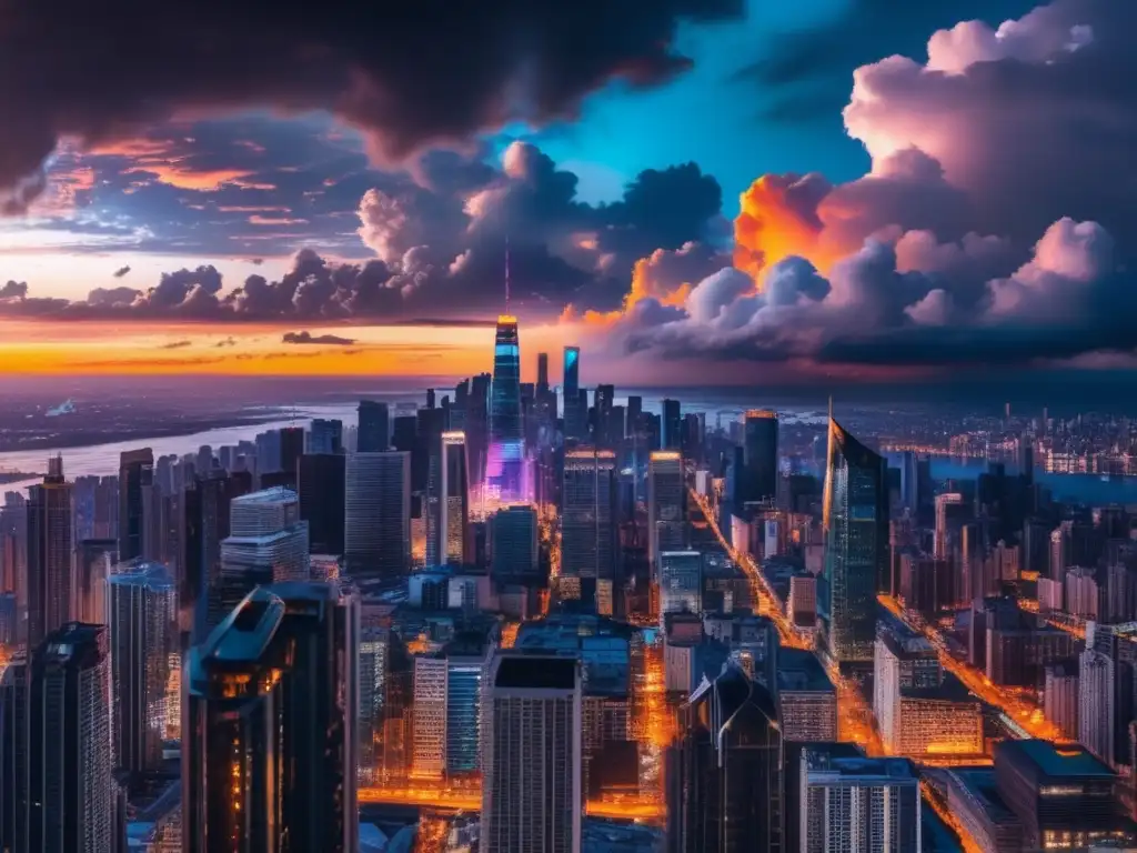 A grandiose, black and white panoramic view of a crowded city: towering skyscrapers bathed in sunset colors, surrounded by clouds