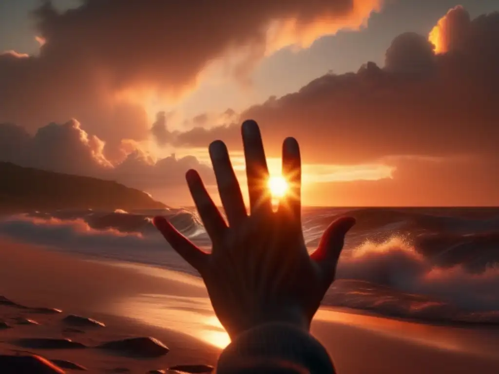 As the sun sets over a person in distress, a hand reaches out towards the screen in search of guidance and support