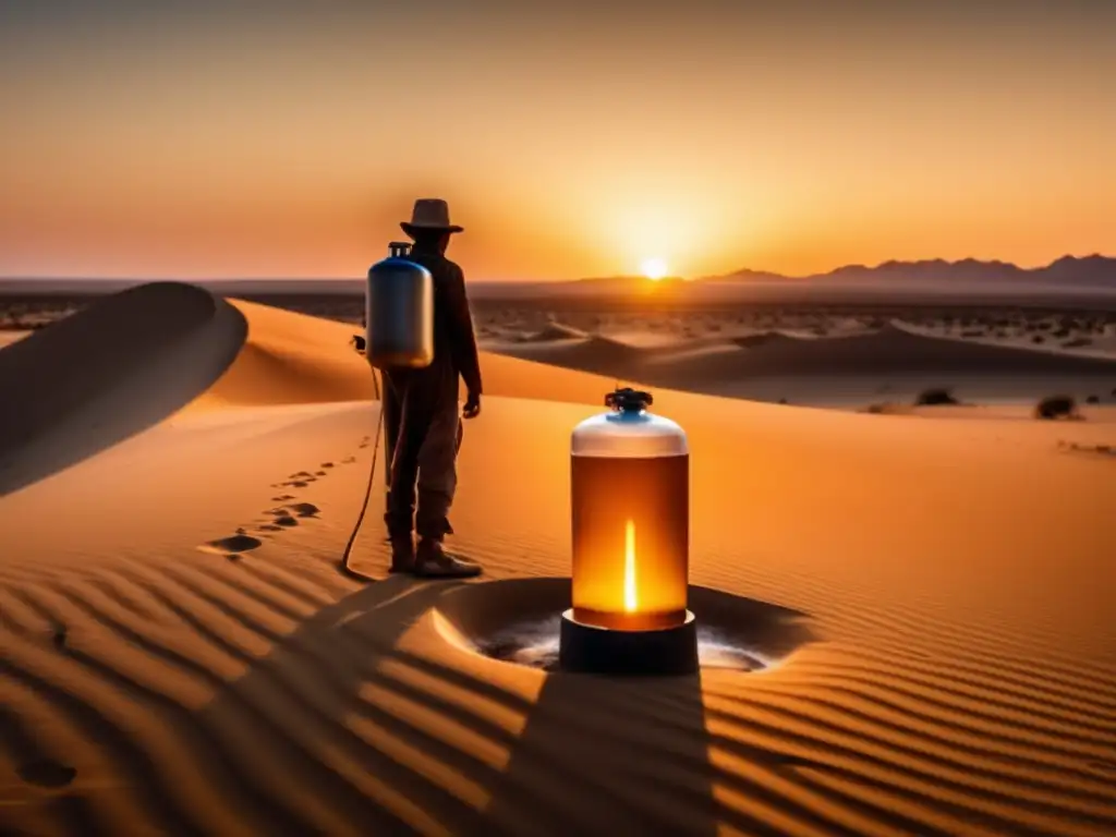 Desert survival: A lone figure clings to life in the heart of endless sand dunes, filtering purified water under a golden sun