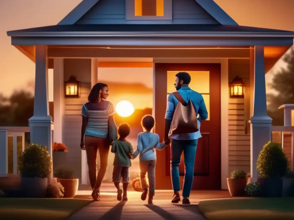 A touching moment of departure as a family of four exits their home with bags in hand, standing in the doorway as the sun sets behind them