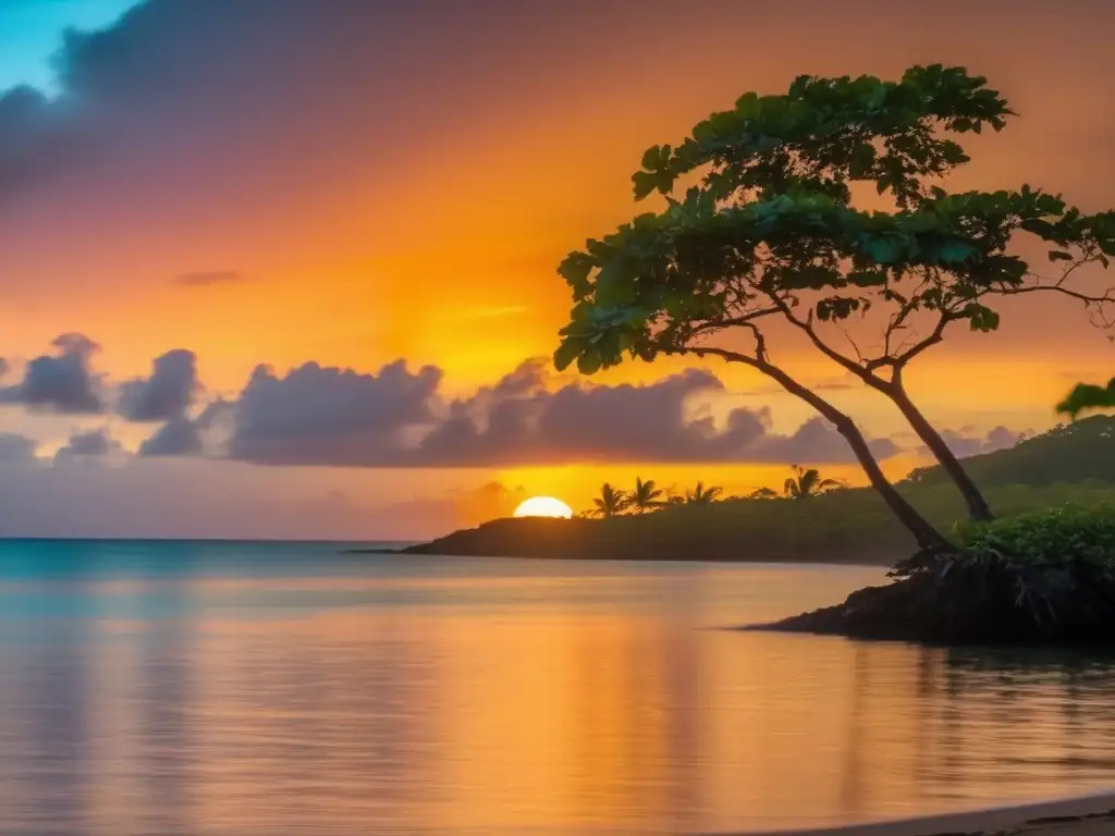 A captivating closeup of a stunning sunset in Puerto Rico, with ocean waves shimmering beneath