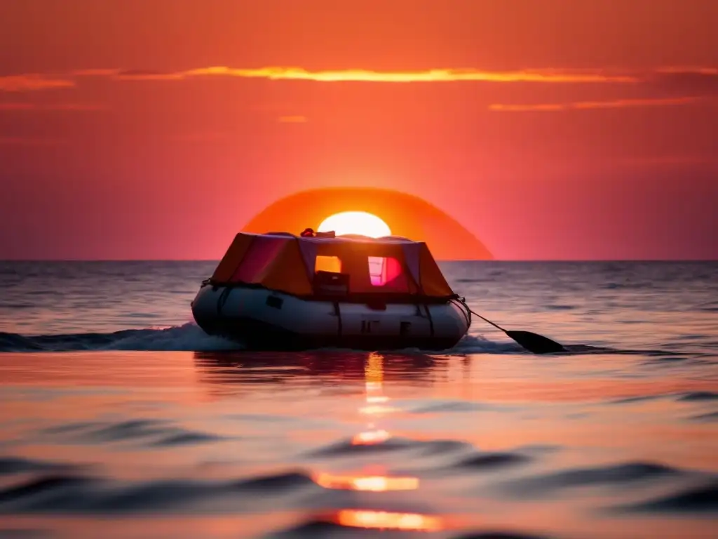 A captivating cinematic image of a life raft floating amidst the vast ocean's expanse