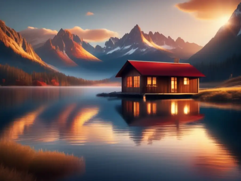 A breathtaking view of a serene, crystal-clear lake surrounded by snow-capped mountains, with a cozy wooden cabin in the foreground