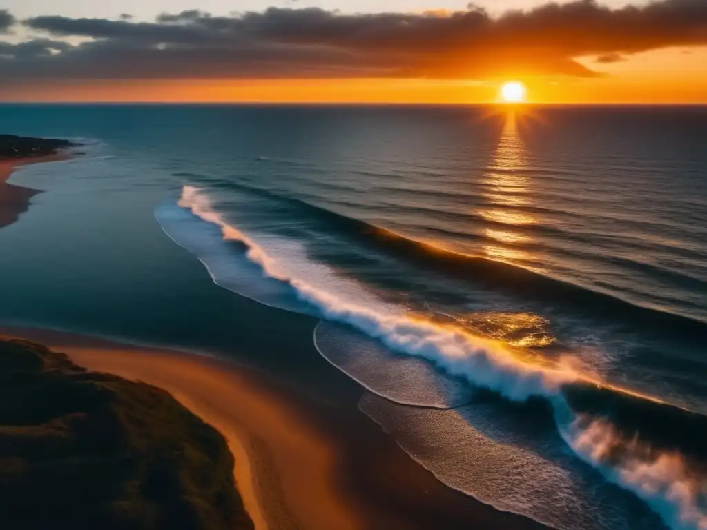 A breathtaking aerial view of the ocean, with the sun setting in the background and gently crashing waves in the foreground