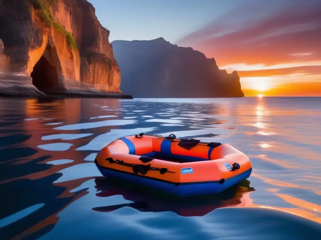 An awe-inspiring view of the ocean with a vibrant blue inflatable raft in the foreground, surrounded by towering cliffs