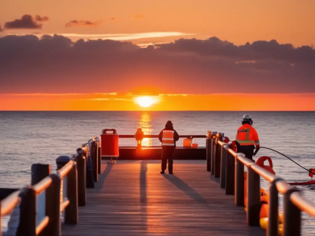 A serene image of a person standing atop a pier, gazing out over a calm ocean at sunset