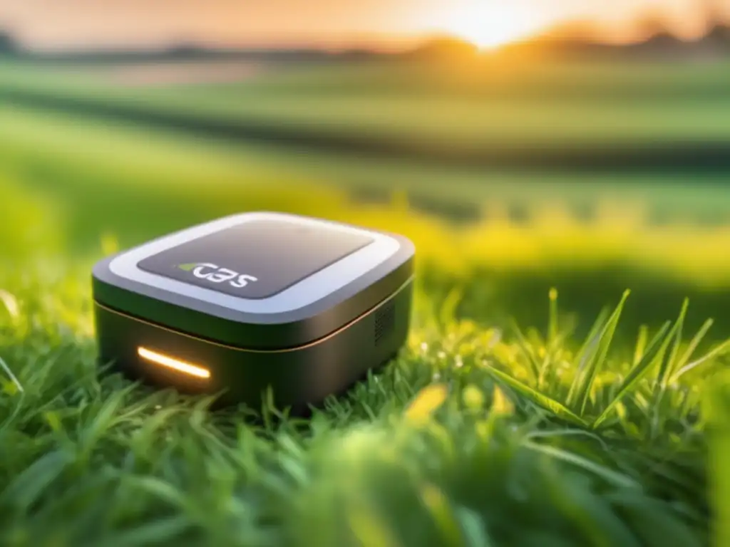 The ultimate pet care solution, this sleek GPS tracking device sits amidst the lush greenery, bathed in the golden rays of sunset