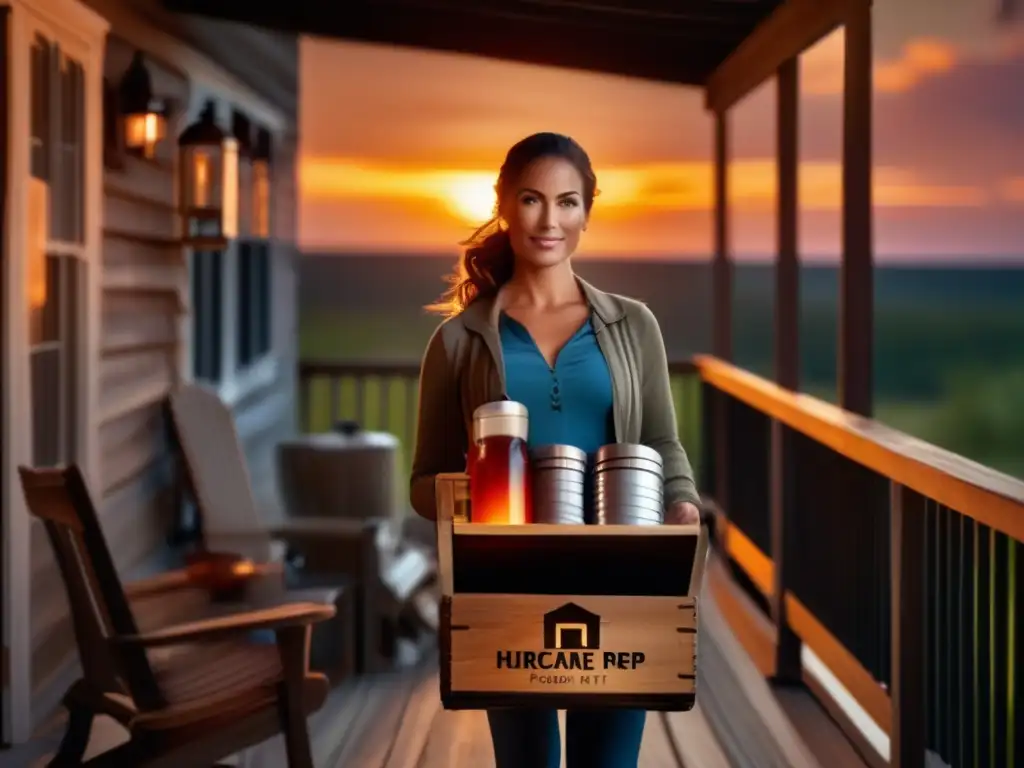 A powerful woman stays prepared for any storm with her hurricane prep kit on a weathered porch, surrounded by the calming beauty of a sunset