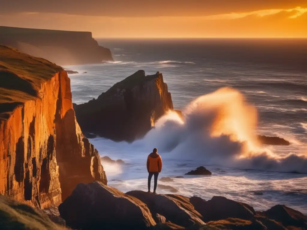 A solitary figure stands atop a rocky cliff, overlooking the vast ocean and feeling the power of nature