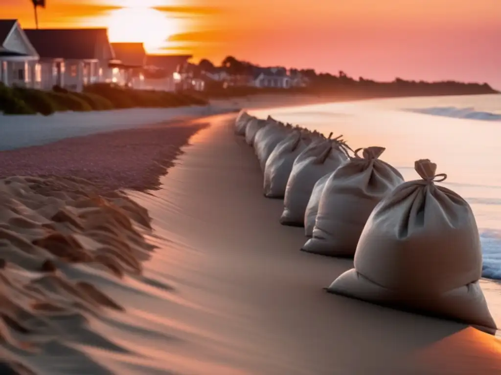 A dramatic and cinematic photo showcases a row of sandbags protecting a small town from the ocean waves