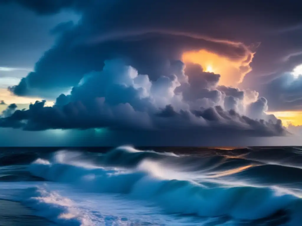 A cinematic masterpiece of a tropical storm brewing over the ocean, with the sun setting behind it