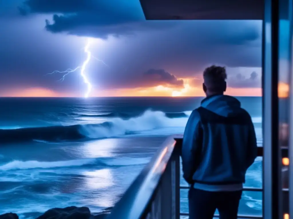 A moody, highly detailed image of a person standing on a balcony, gazing out towards the sea and the stormy sky