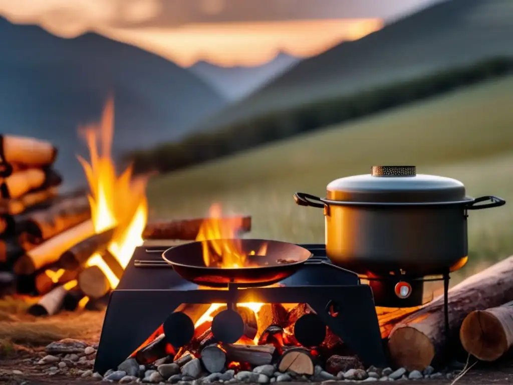 Portable stove and fuel brighten up camping gear as sun sets over rugged mountains, capturing the essence of outdoor adventures