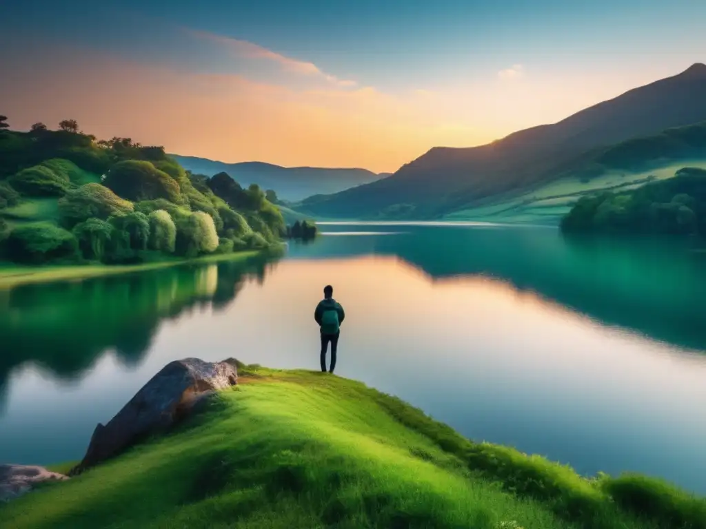 Contemplate nature's peace at sunset with lush trees and a serene lake