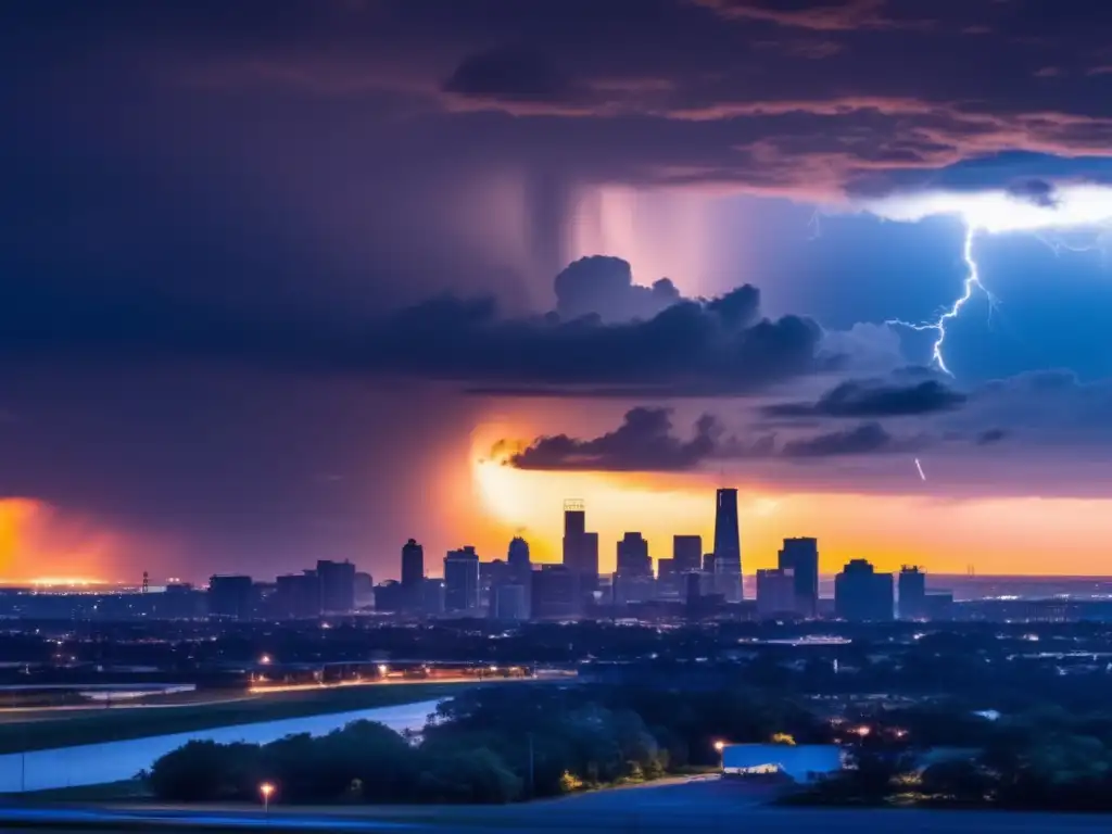 Dramatic silhouette of a tornado in the distance against a brilliant city skyline at sunset