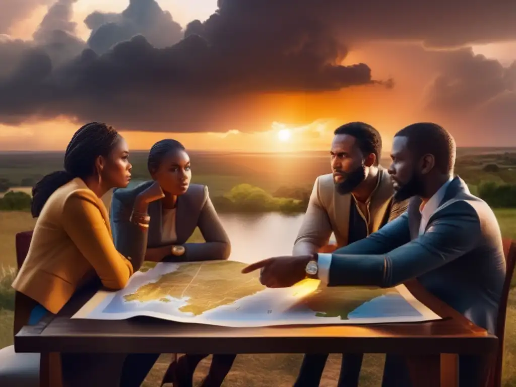 A captivating image of a group of people, united in deep discussion as they study a map under the warm glow of a golden sunset