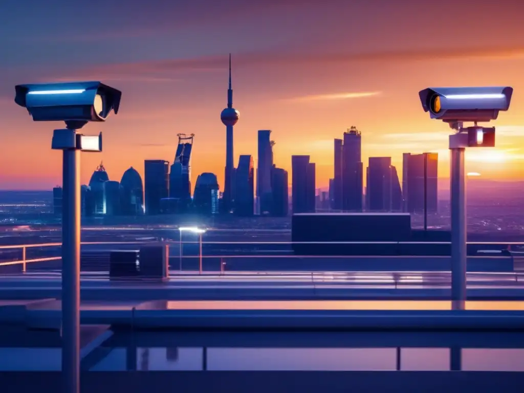 Scenic sunset skyline with solar paneled security cameras symbolize integration of clean energy with modern security systems