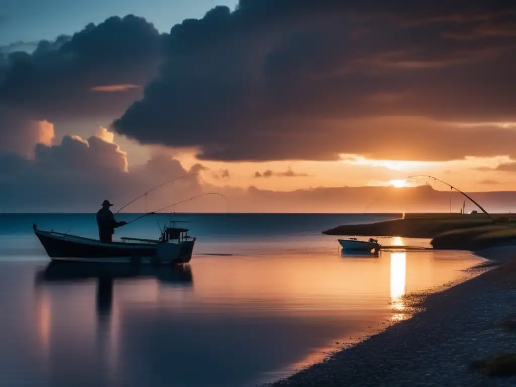 A majestic sunset paints the sky of a small town in hues of orange and purple, while a solitary fishing boat bobbles calmly in the foreground