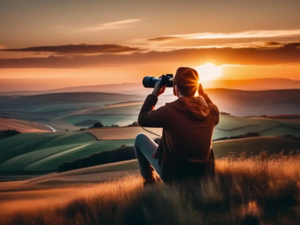 A woman captured in a cinematic moment, peers through high-quality binoculars at the breathtaking sunset over a vast landscape