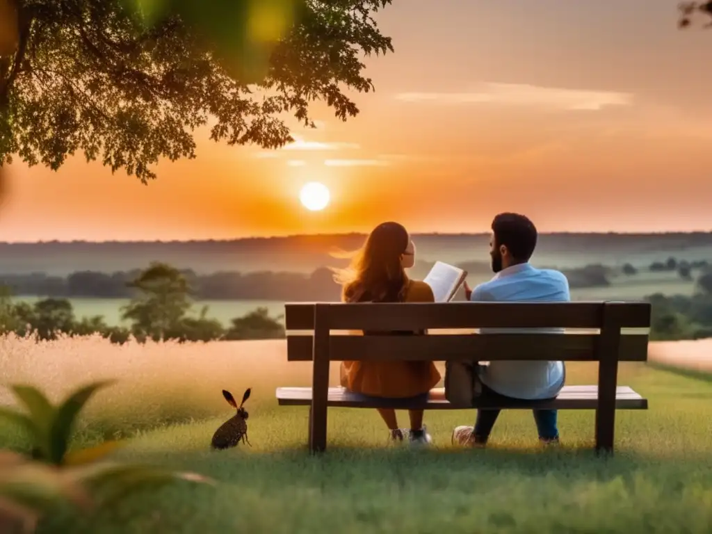 A serene outdoor scene with a beautiful sunset in the background, and a couple enjoying the surroundings while wearing insect repellent on their hands