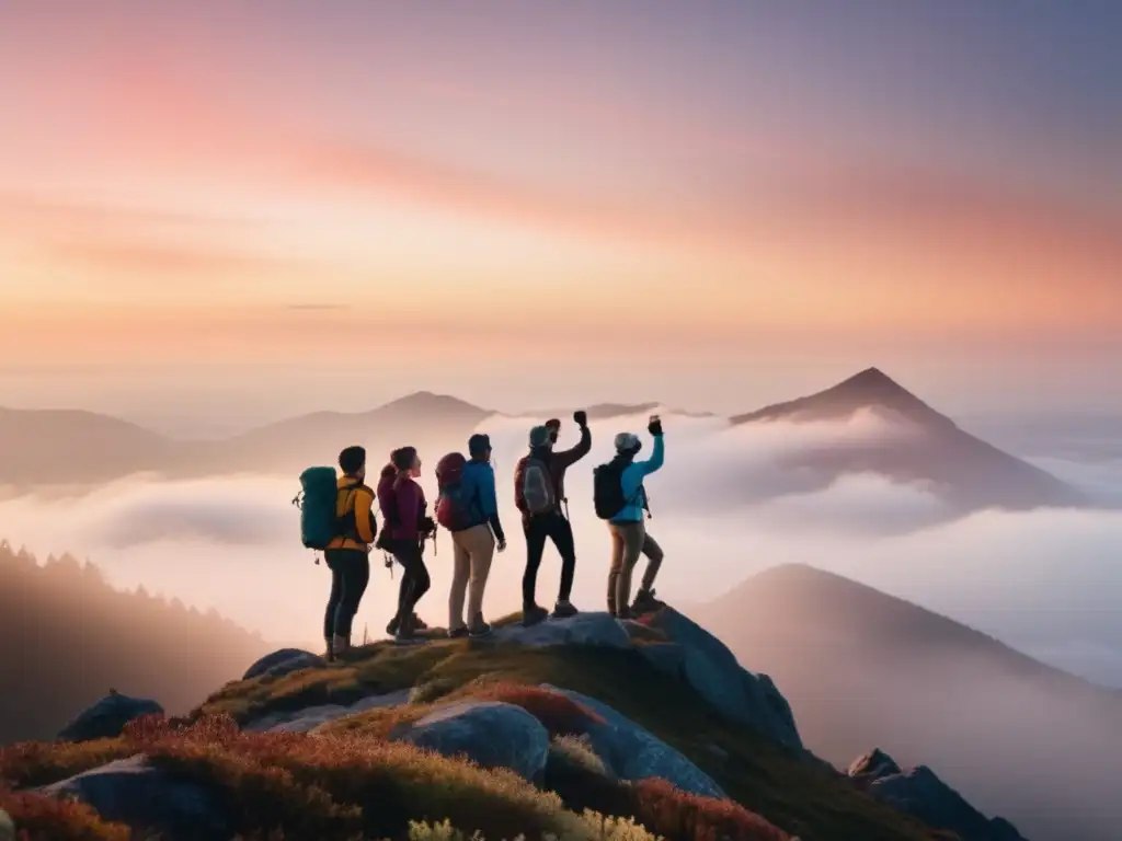 A stunning high-resolution photograph of a group of hikers, equipped with walkietalkies, standing atop a mountain peak's peak