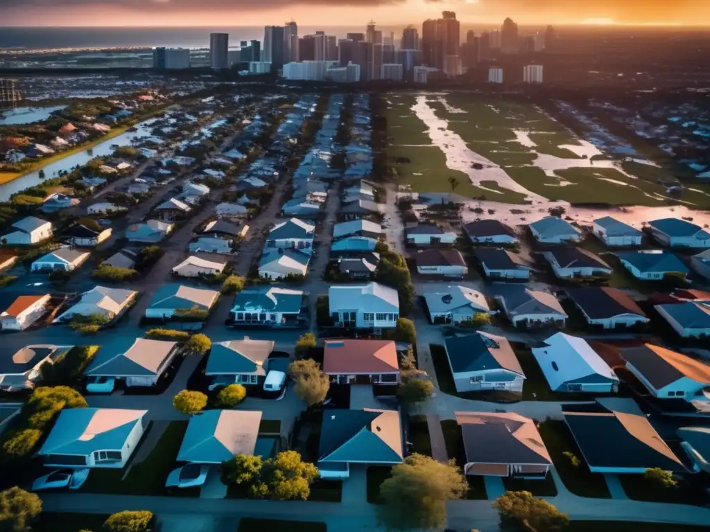 A hauntingly beautiful aerial view of city's skyline, ravaged by hurricane