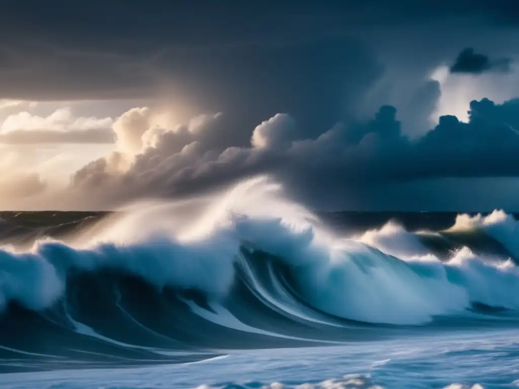 A captivating image of a hurricane in full force, with swirling clouds and waves crashing against the shore, set against a dark stormy sky