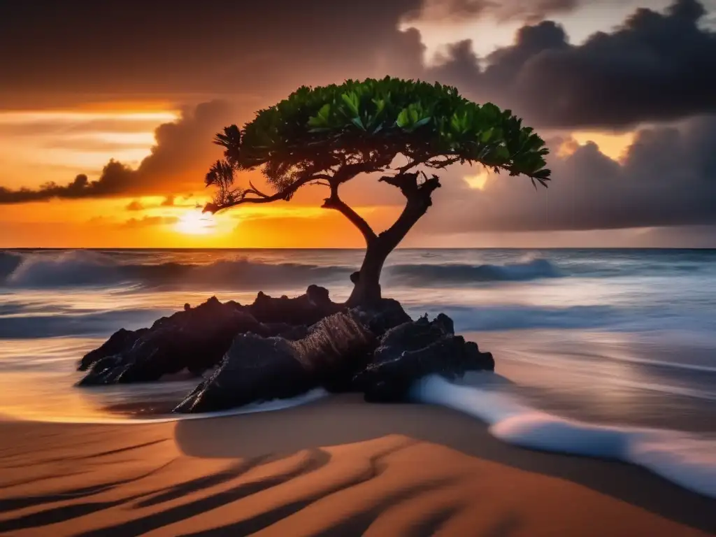 A breathtaking cinematic-style image captures a tropical sunset, waves crashing on the shore, and a looming hurricane in the distance