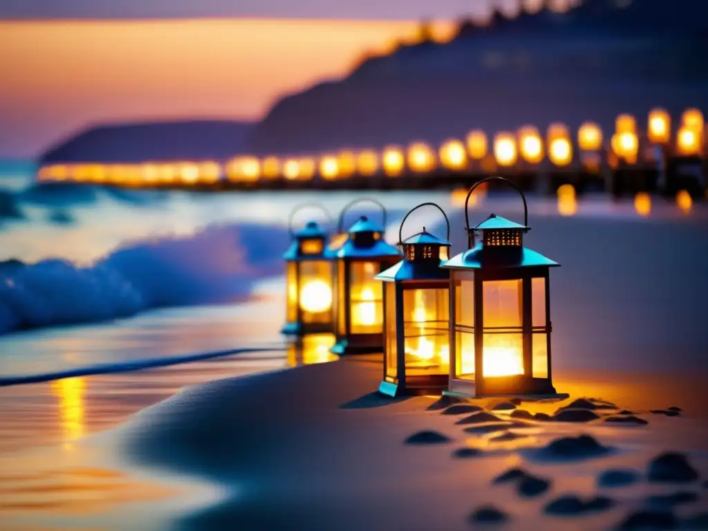 A breathtaking view of iridescent lanterns floating on the serene ocean shore at sunset, bathed in warm golden light