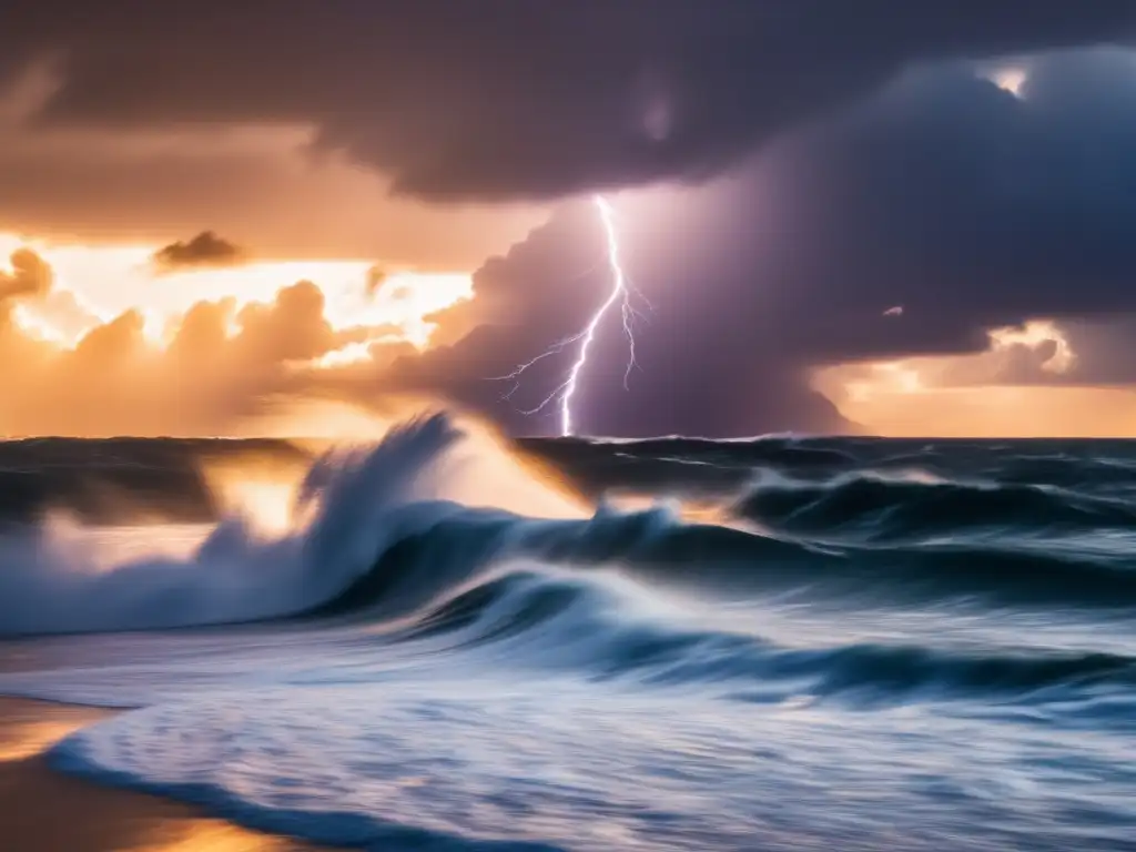 Witness the intensity of nature as lightning strikes a stormy Atlantic, casting a warm glow from a setting sun