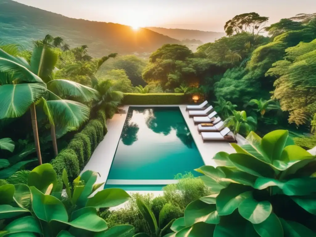 A breathtaking aerial view of a serene pool, surrounded by lush greenery and bathed in golden light as the sun sets in the background