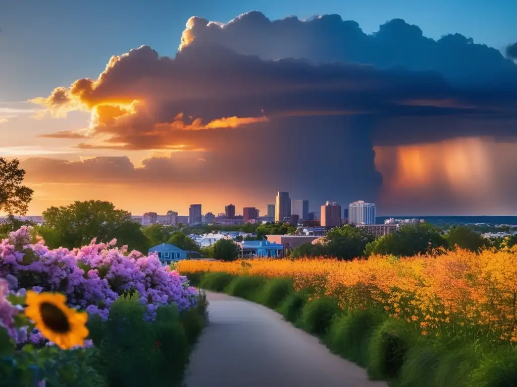 A captivating photo of a small town's landscape, blanketed in the vibrant glow of the setting sun