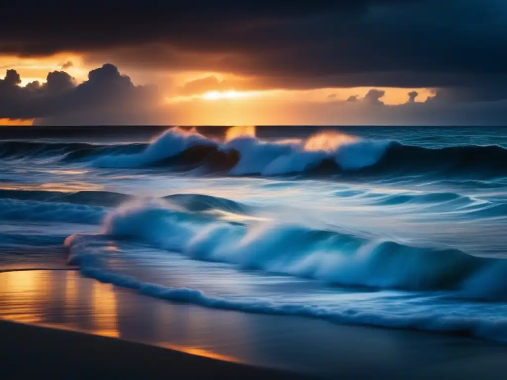 A cinematic sunset over an ocean, with dark clouds looming and waves crashing